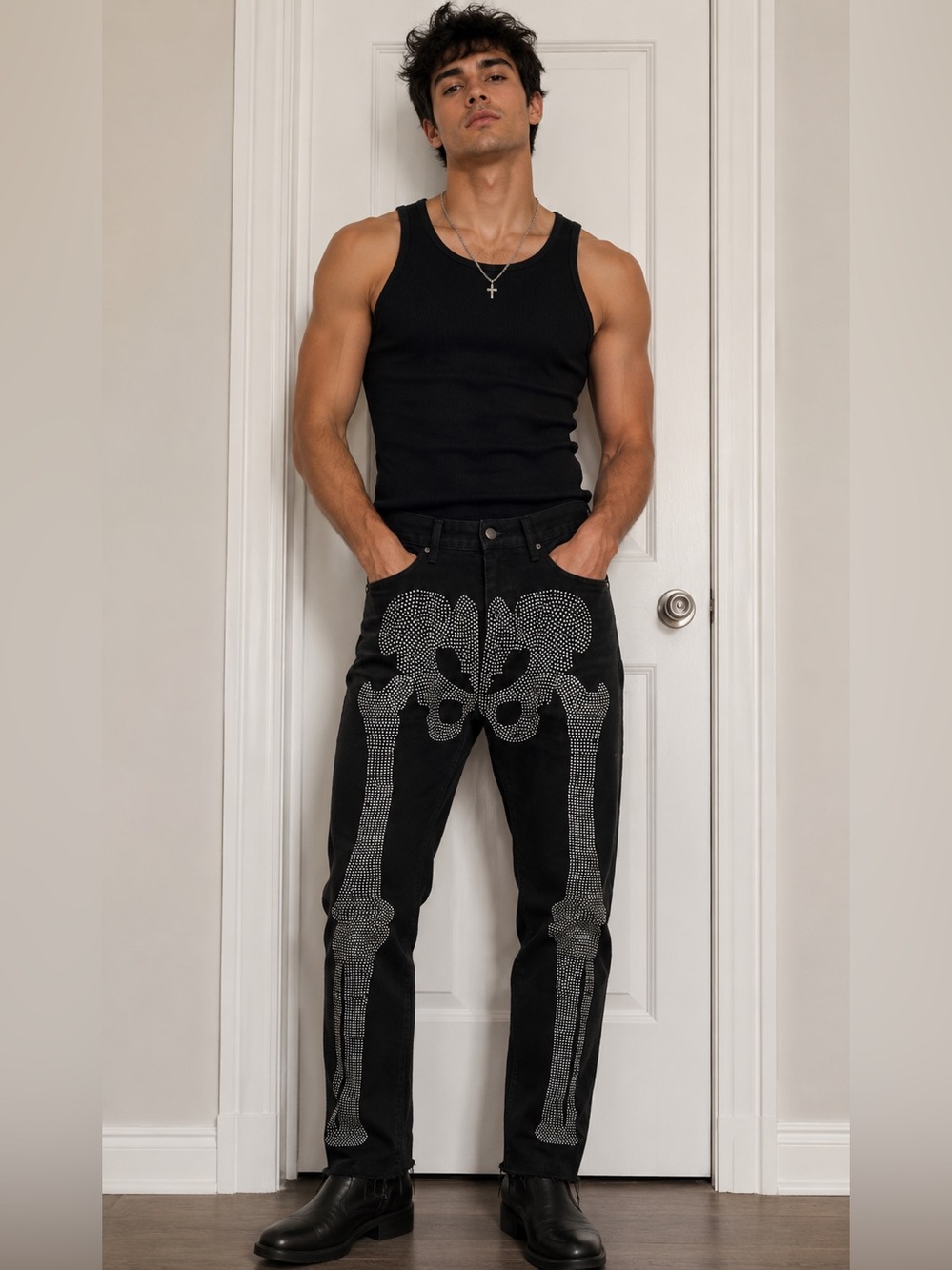 MNML Men's Black Rhinestone Skeleton-Embellished Jeans size 32